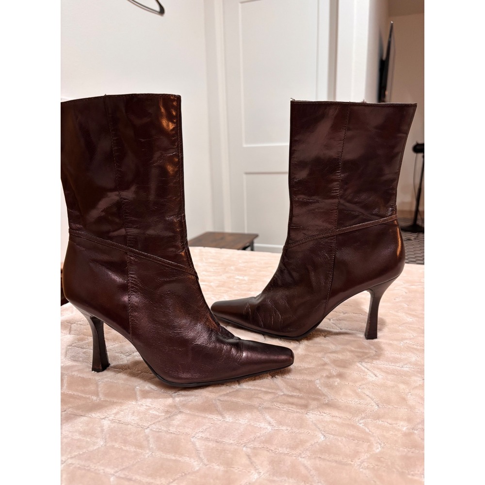 Liz Claiborne Brown Leather Stiletto Heel Square Toe Mid Calf Boots Sz 6.5M 90s